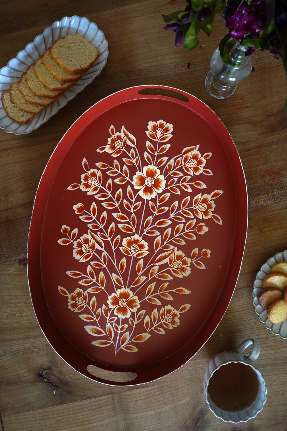 Bandeja Oval Naranja Con Flores Blancas Pintadas Cristina Oria