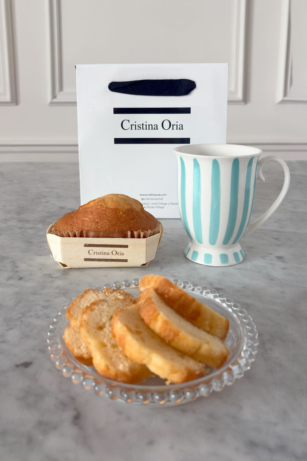 Detalles Azul Bolsa Taza Rayas Pastel Artesanal CO & Bizcocho Cristina Oria