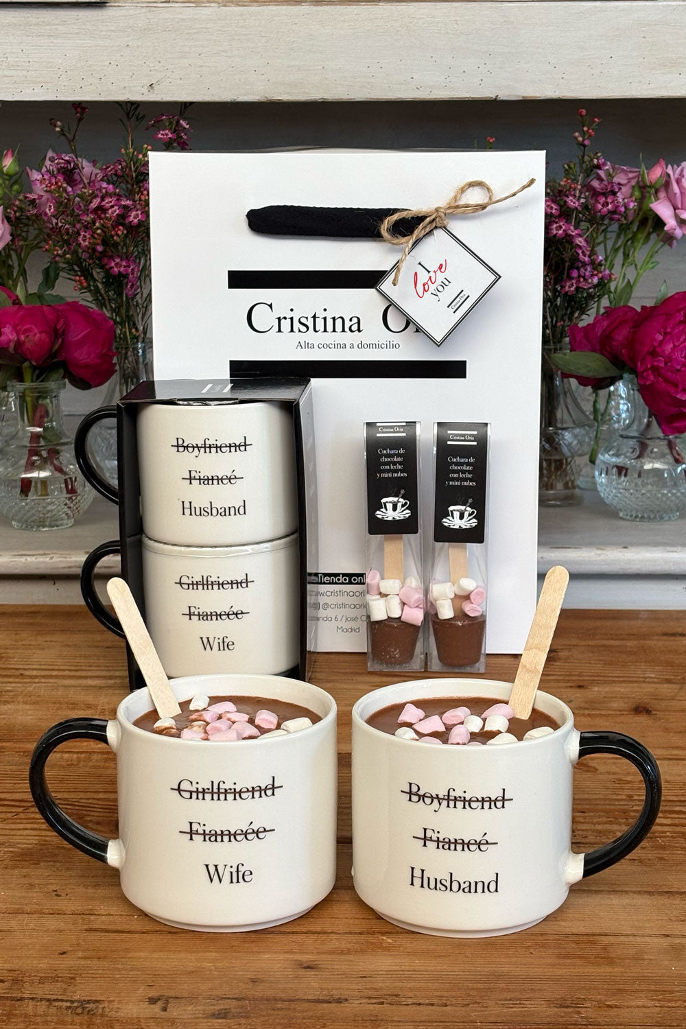 Bolsa Tazas Wife & Husband Con Cucharas De Chocolate Especial San Valentín