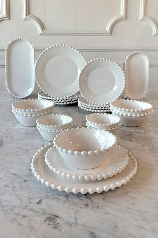 Vajilla Completa Porcelana Blanca Diseño Bolitas 4 Personas
