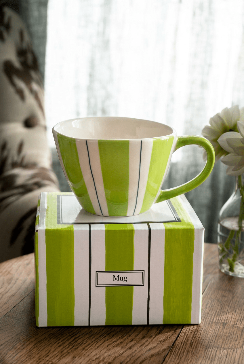 Caja y Mug Artesana Verde Con Rayas CO Cristina Oria