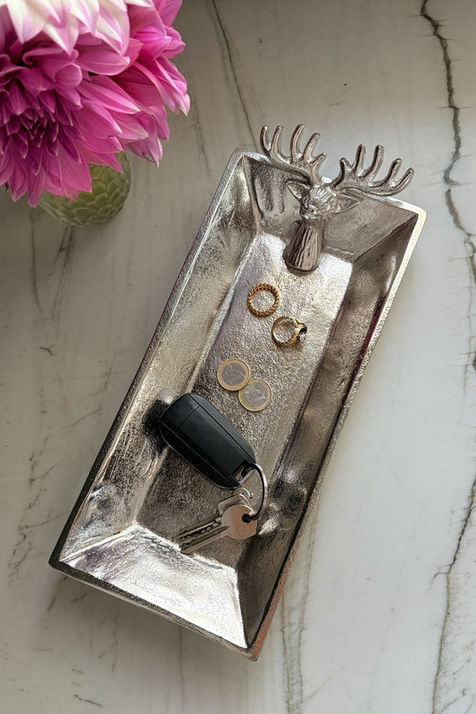 Bandeja Rectangular Plateada Con Cabeza Ciervo Cristina Oria 