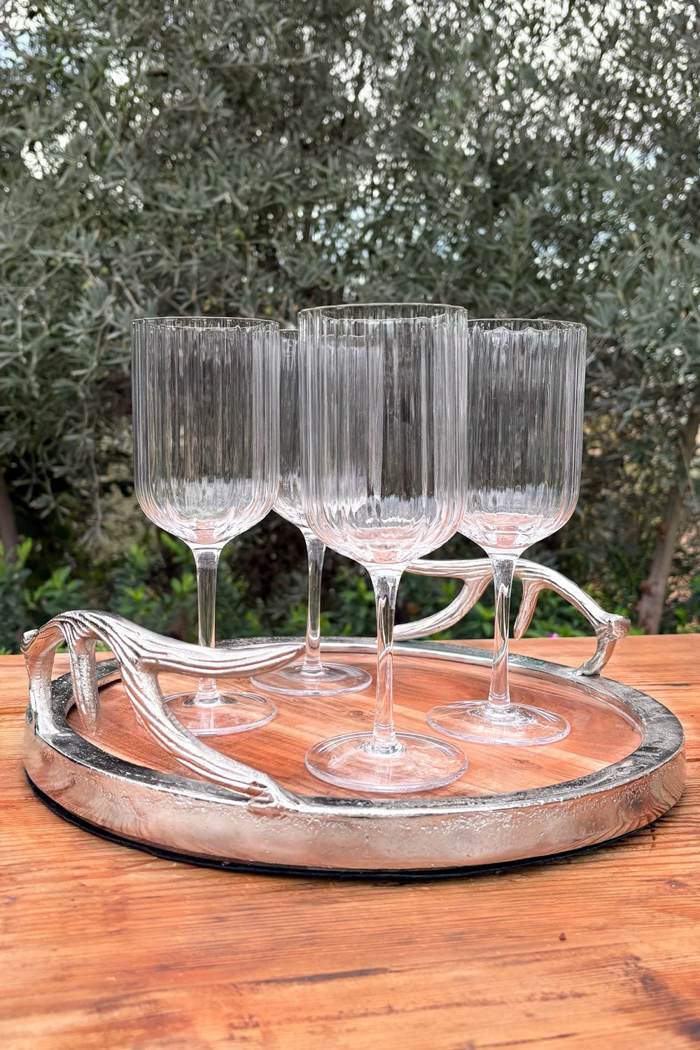 Bandeja Redonda De Madera Con Asas Plateadas Cuernos Ciervo Cristina Oria 