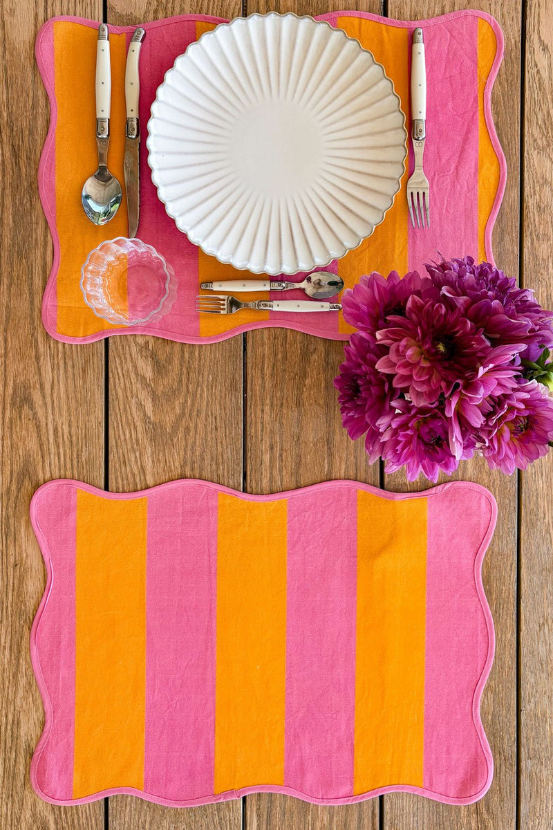 Tischset Mit Wellenrand Rosa & Orange Gestreift | Indien