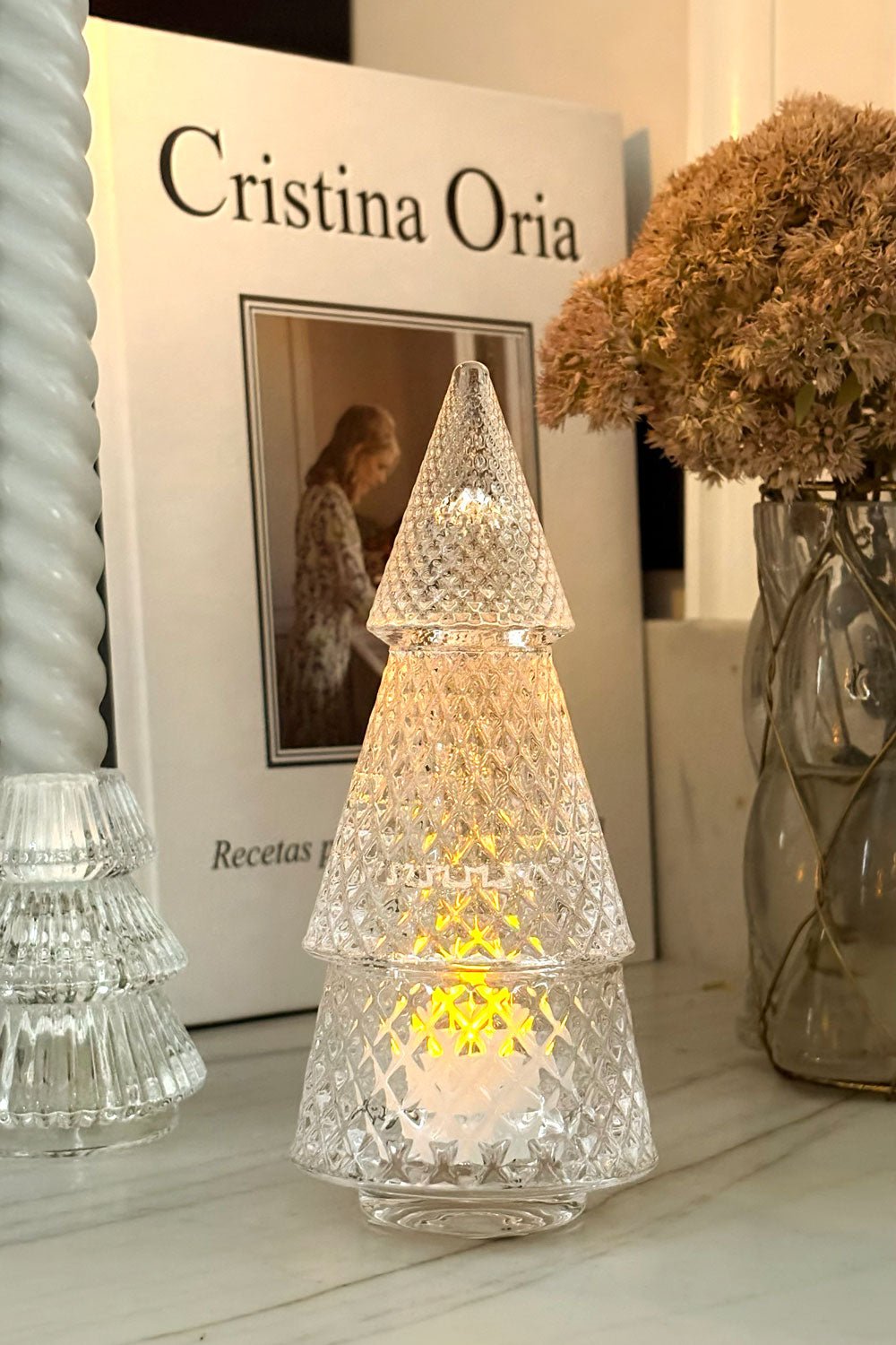 Detalle Portavelas Desmontable De Cristal Con Diseño De Árbol Transparente Picos Pequeño Cristina Oria 