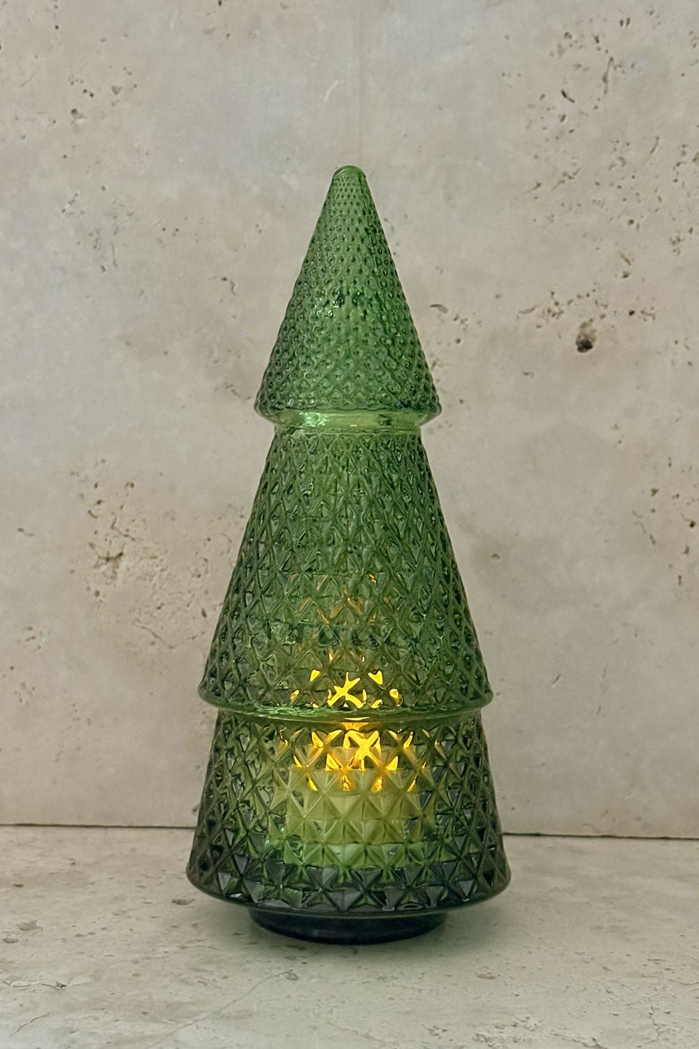 Detalle Cerrado Portavelas Desmontable De Cristal Con Diseño De Árbol Verde Picos Pequeño Cristina Oria 