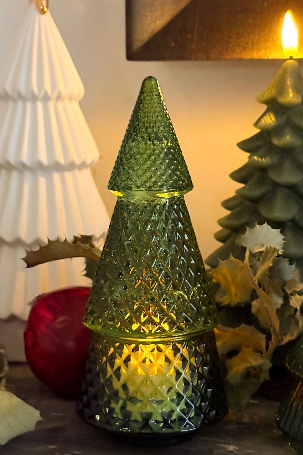 Detalle Portavelas Desmontable De Cristal Con Diseño De Árbol Verde Picos Pequeño Cristina Oria 