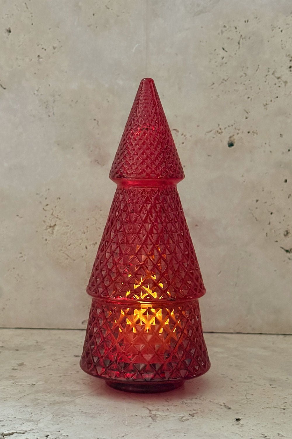 Detalle Portavelas Cerrado Desmontable De Cristal Con Diseño De Árbol Rojo Picos Pequeño Cristina Oria 