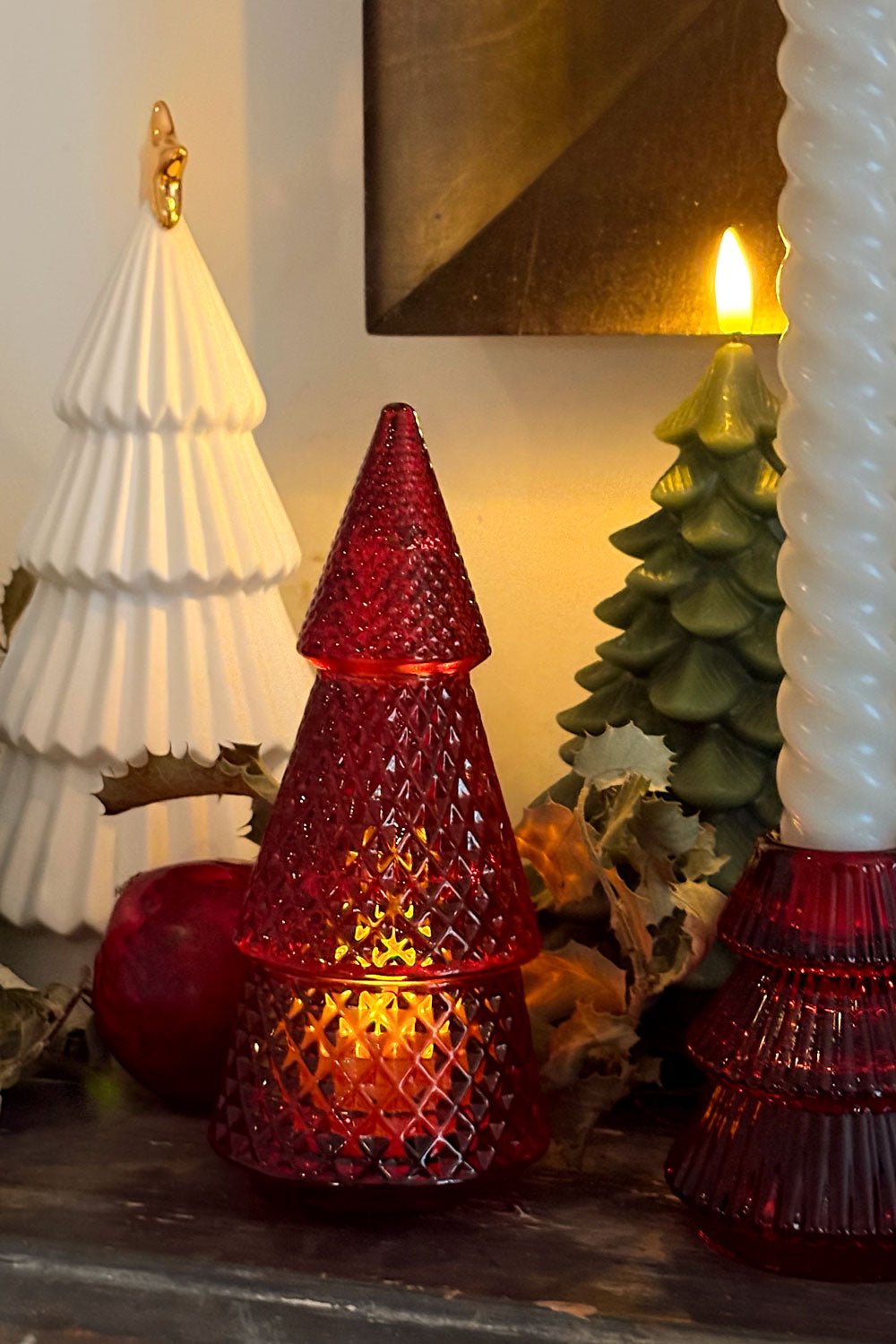 Detalle Portavelas Desmontable De Cristal Con Diseño De Árbol Rojo Picos Pequeño Cristina Oria 