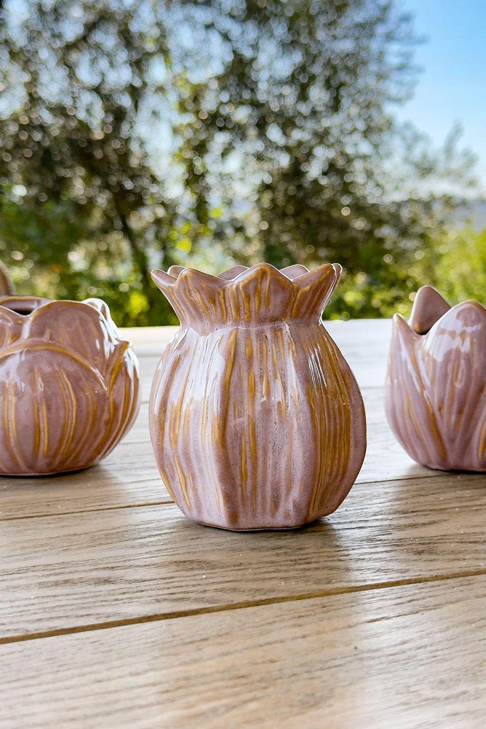 Tres Jarrón De Gres Diseño Bulbo Flor Rosa Cristina Oria