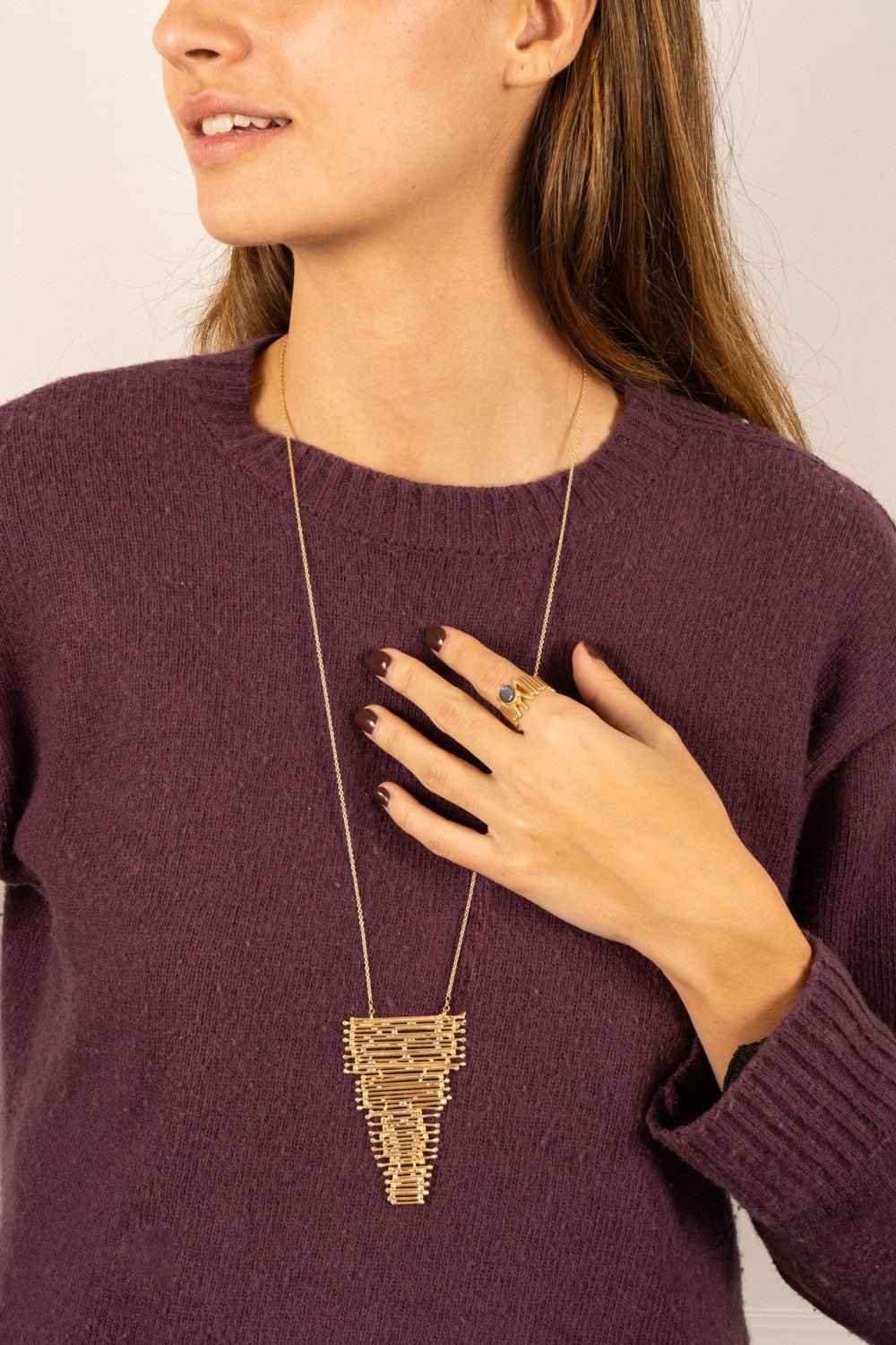 Combinação de anel de labradorita & colar cascata dourados