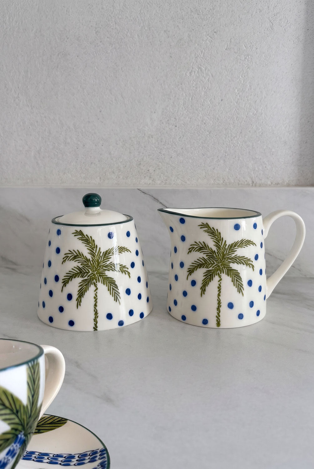 Set Azucarero & Lechera De Porcelana Diseño Palmeras Cristina Oria