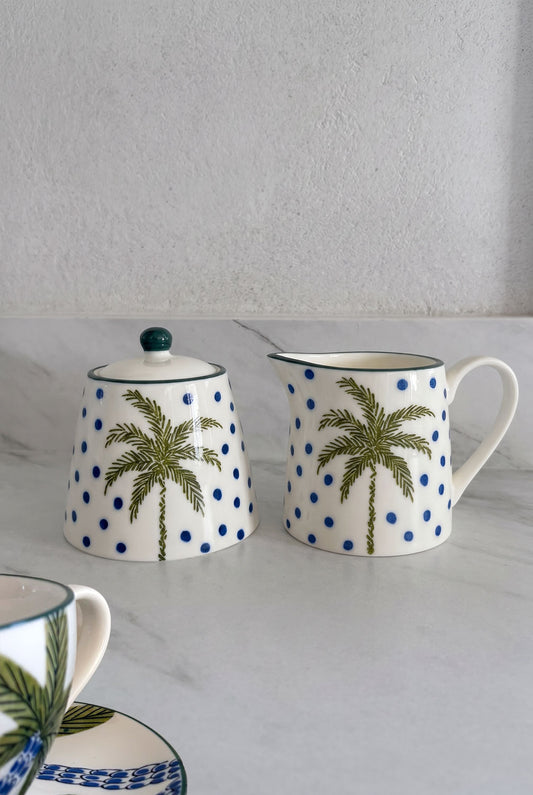 Set Azucarero & Lechera De Porcelana Diseño Palmeras Cristina Oria