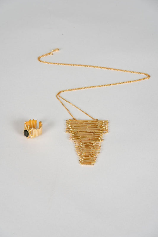 Combinação de anel de labradorita & colar cascata dourados