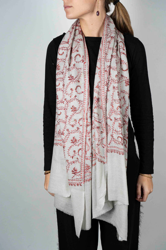 Bufanda De Cashmere Bordada Con Flores Rojas