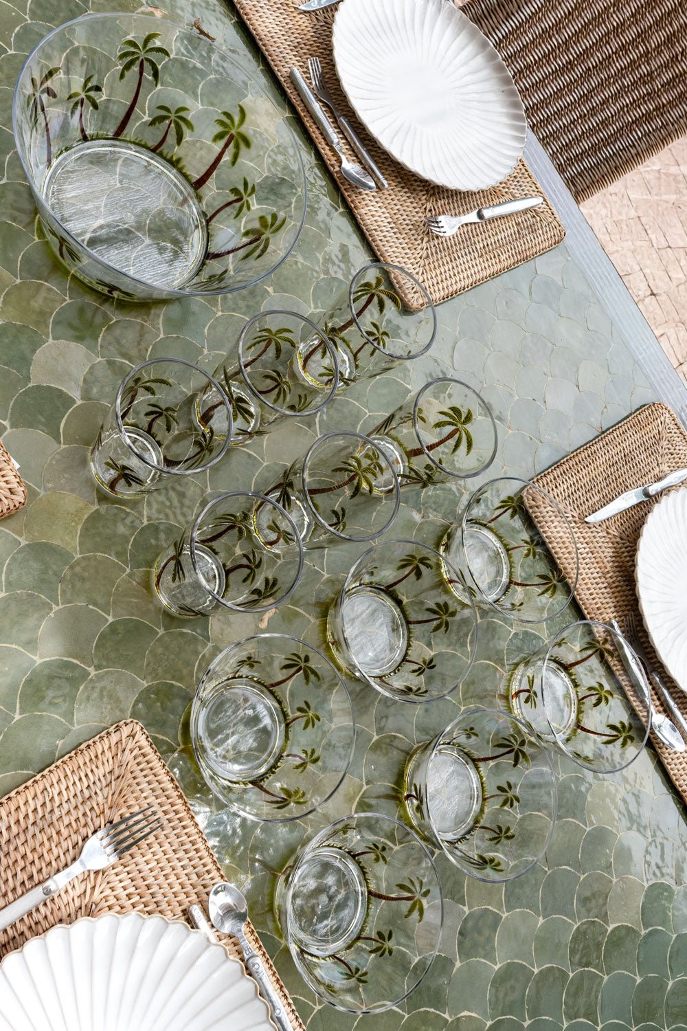 12-teiliges Acrylgeschirr-Set im Palmen-Design | Glasgeschirr