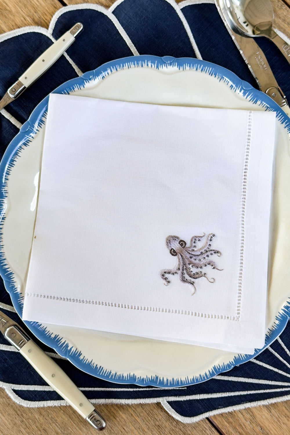 Pulpo Set De 6 Servilletas Bordadas A Mano Con Diseño de Animales Marinos Cristina Oria