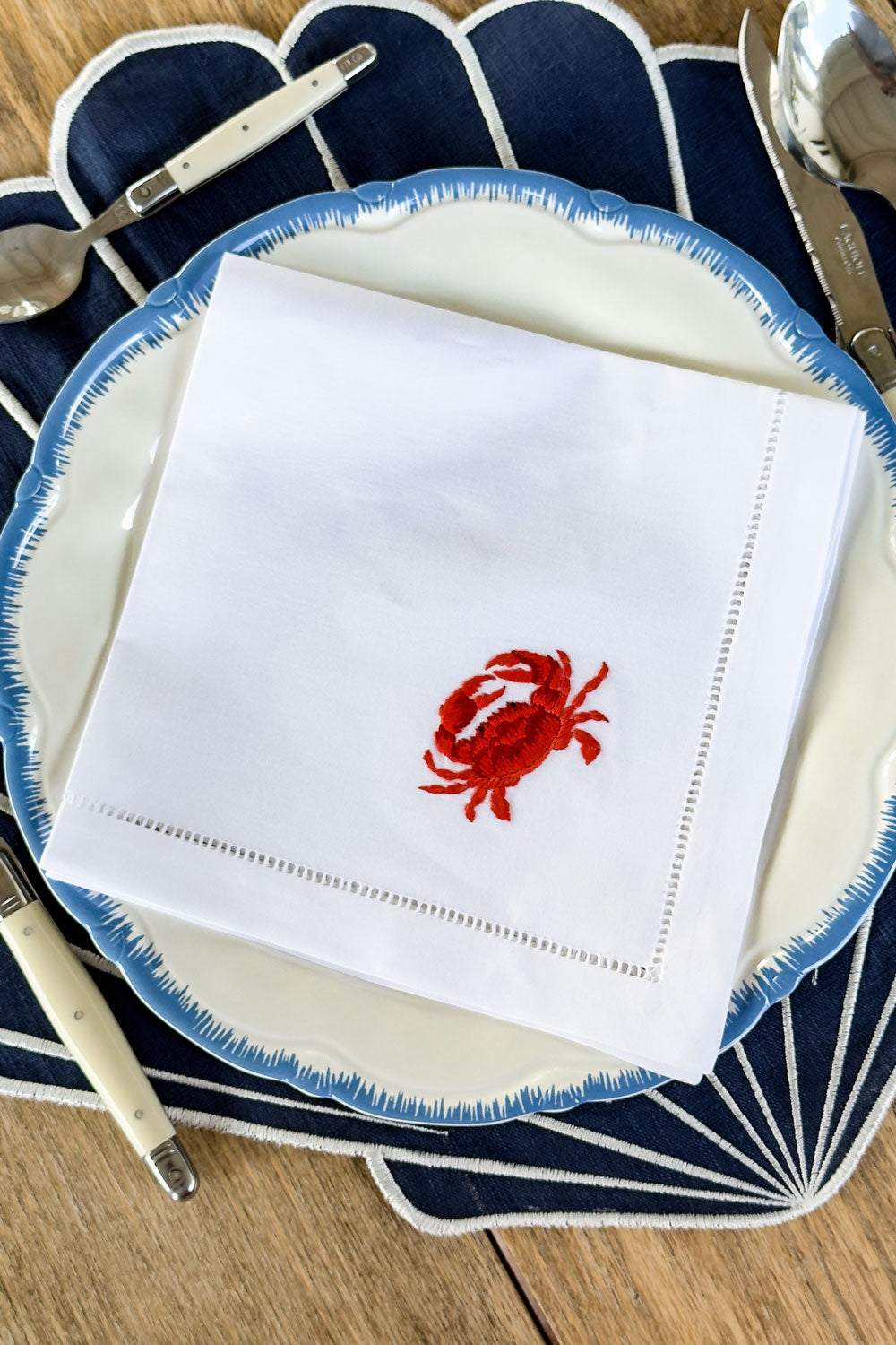 Cangrejo Set De 6 Servilletas Bordadas A Mano Con Diseño de Animales Marinos Cristina Oria