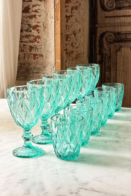 Set 12 Piezas Cristalería Azul Turquesa Diseño Rombos Cristina Oria 
