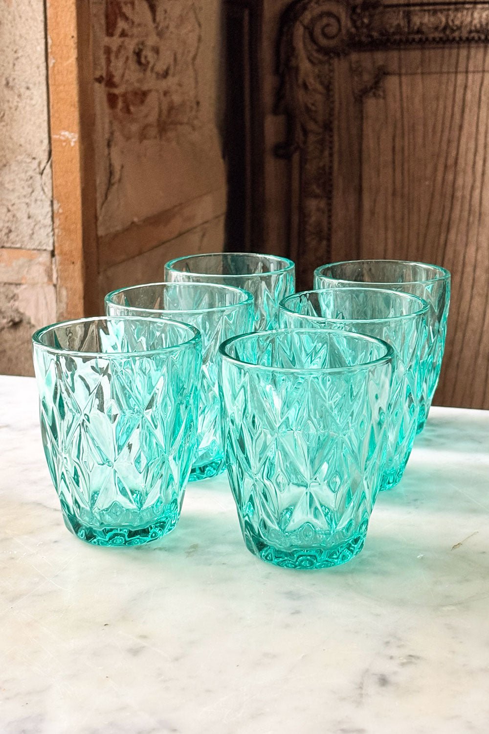Set 6 Vasos Azules Turquesas Diseño Rombos Cristina Oria 