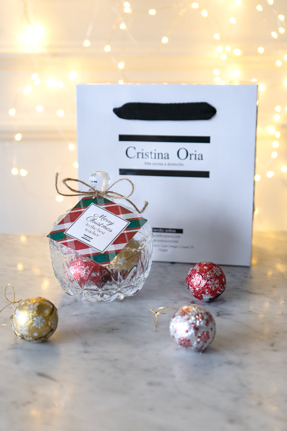 Bombonera De Cristal Con Bolsa De Chocolate Especial Navidad Profesores Cristina Oria