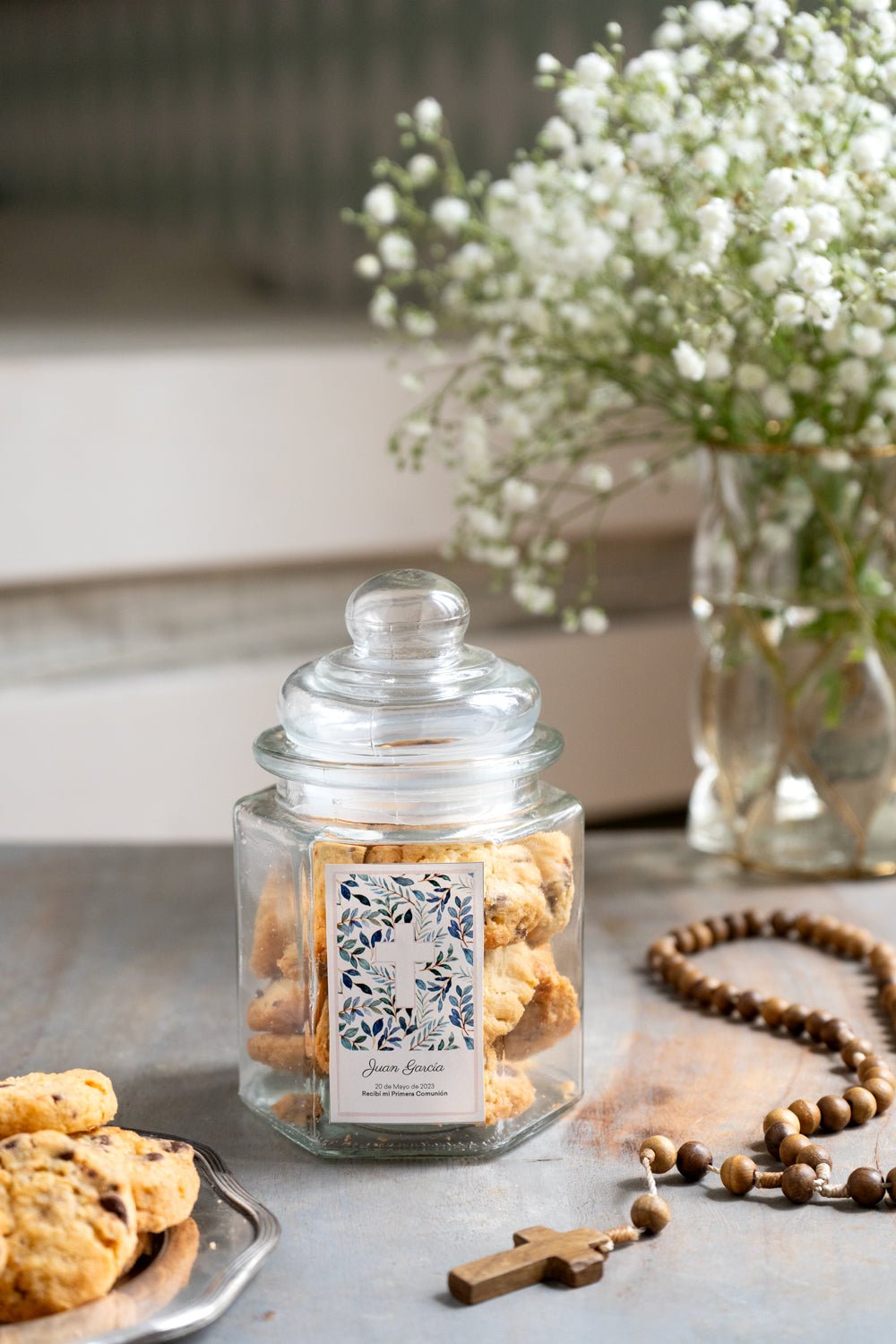 Tarro Hexagonal Cookies Personalizado Especial Comuniones Diseño Azul