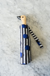 Paraguas Con Diseño De Rayas Negras & Puntos Azules Y Mango Con Cabeza De Pato