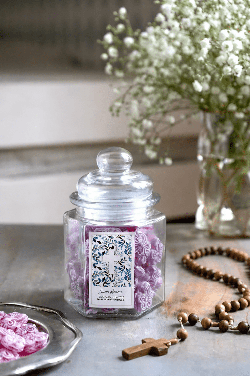 Tarro Hexagonal Violetas Personalizado Especial Comuniones