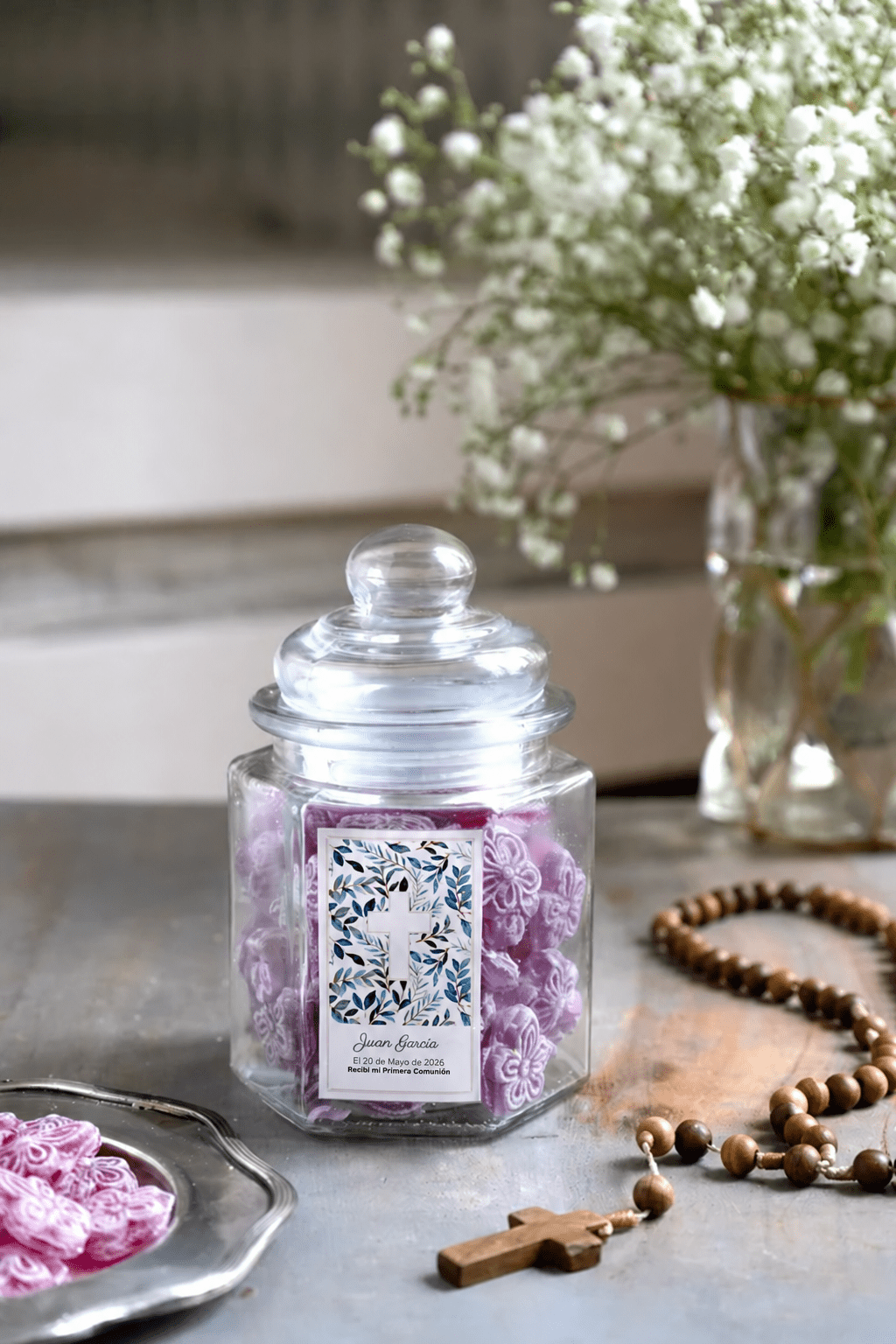 Tarro Hexagonal Violetas Personalizado Especial Comuniones