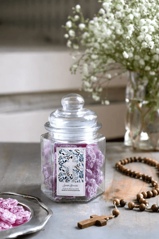 Tarro Hexagonal Violetas Personalizado Especial Comuniones