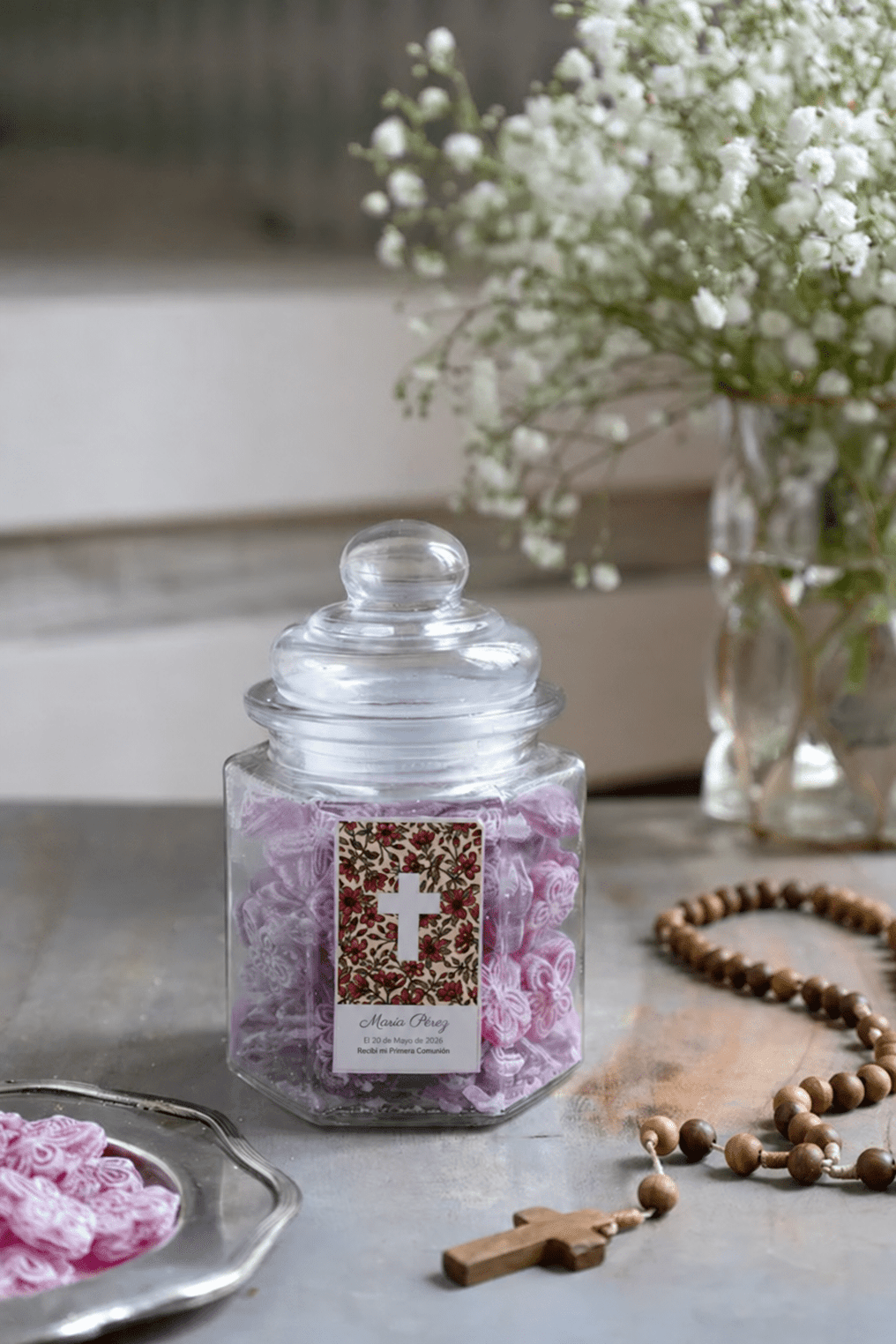 Tarro Hexagonal Violetas Personalizado Especial Comuniones