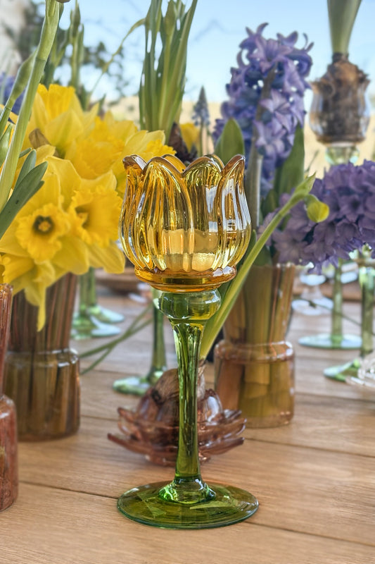 Candelabro De Cristal Con Diseño De Tulipán Amarillo