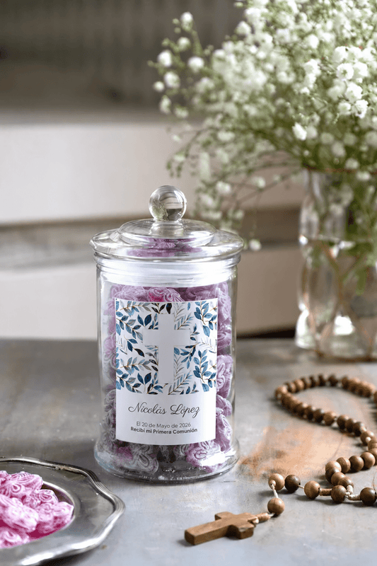 Frasco de violetas personalizado especial para comunhões