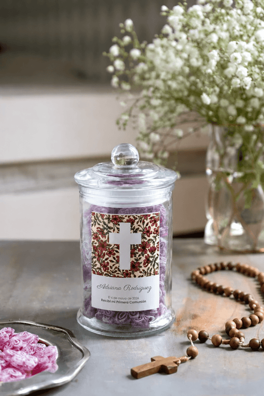 Frasco de violetas personalizado especial para comunhões