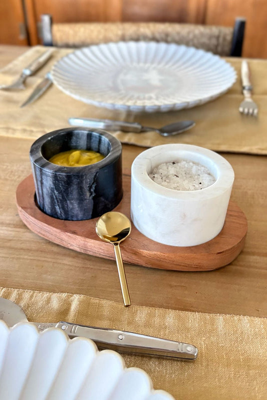 Set De 2 Recipientes De Mármol Con Cuchara Y  Base De Madera