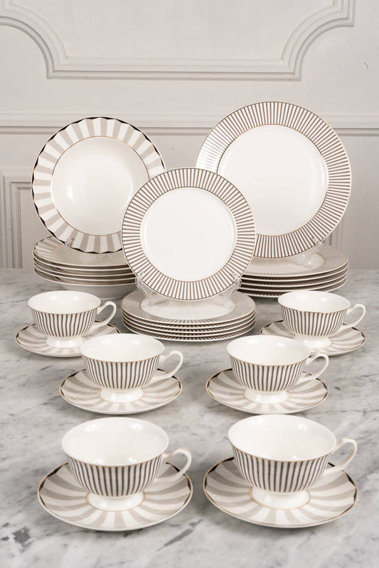 Service vaisselle blanc et gris avec tasses 6 personnes