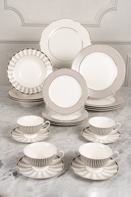 Service vaisselle blanc et gris avec tasses et sous-assiettes 4 personnes