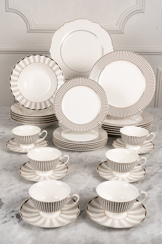Service vaisselle blanc et gris avec tasses et sous-assiettes 6 personnes