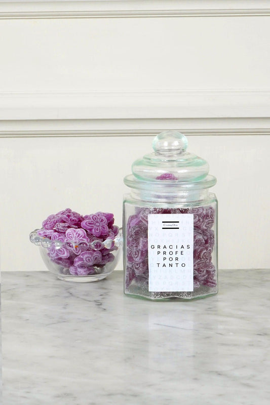 Tarro Hexagonal De Violetas "Gracias profe por tanto" Cristina Oria 