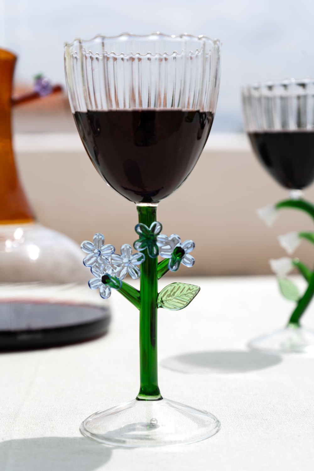 Copa De Vino Vidrio Soplado Diseño Botánico Flor Azul - Cristina Oria