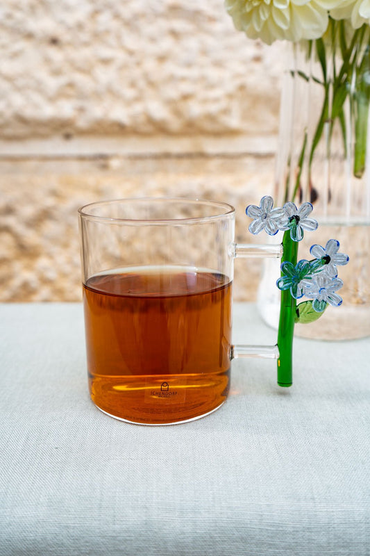 Mug De Vidrio Soplado Diseño Botánico Flor Azul - Cristina Oria