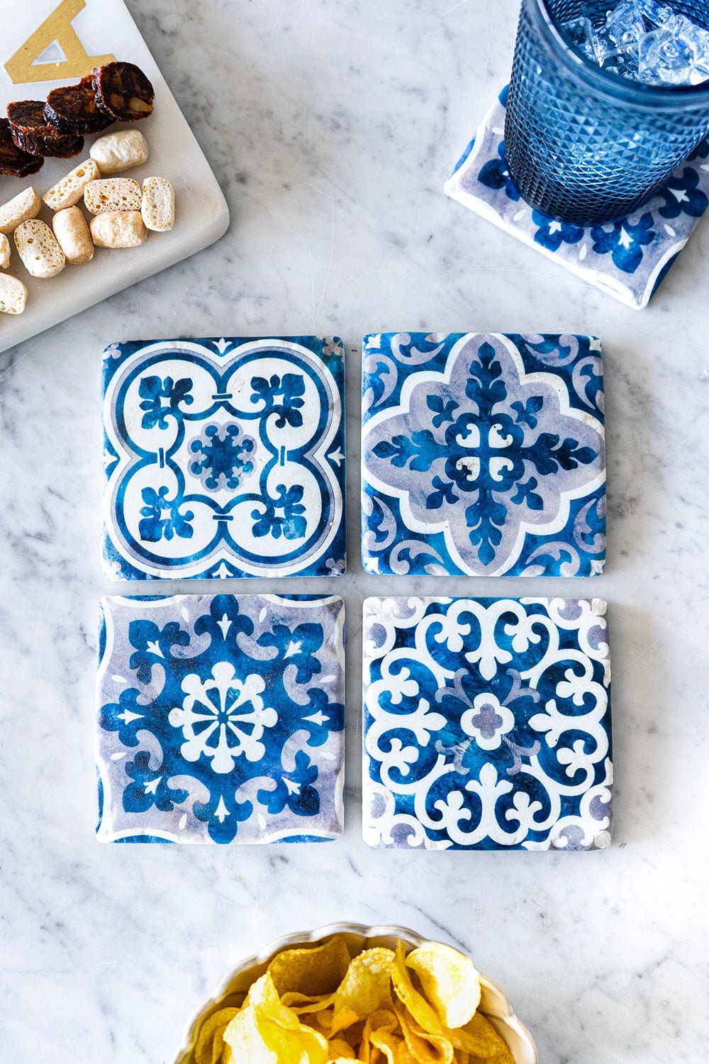 Set 4 Posavasos Con Diseño De Azulejos Azules - Cristina Oria