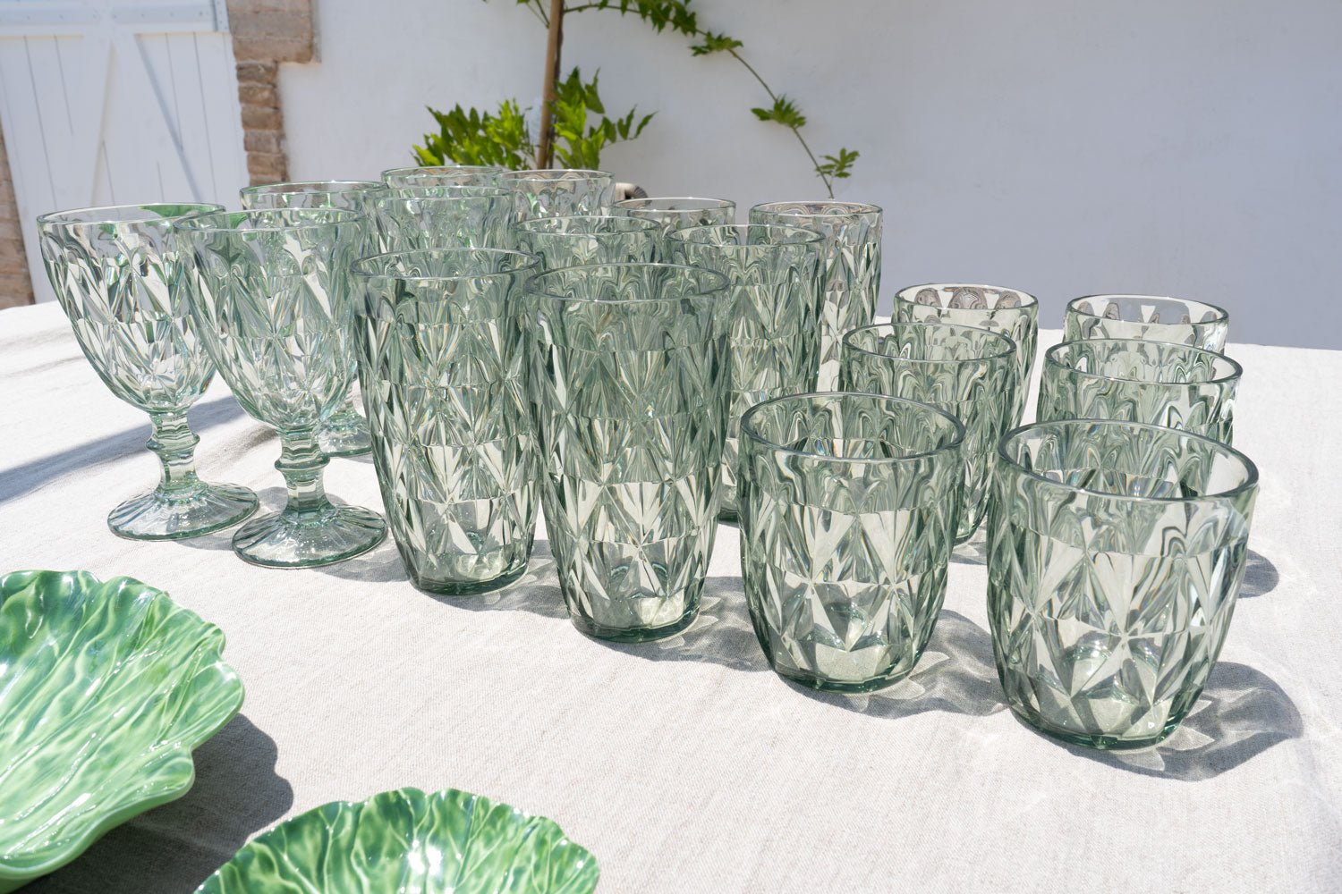 Cristalería Completa Acrílica Verde Con Diseño De Rombos - Cristina Oria