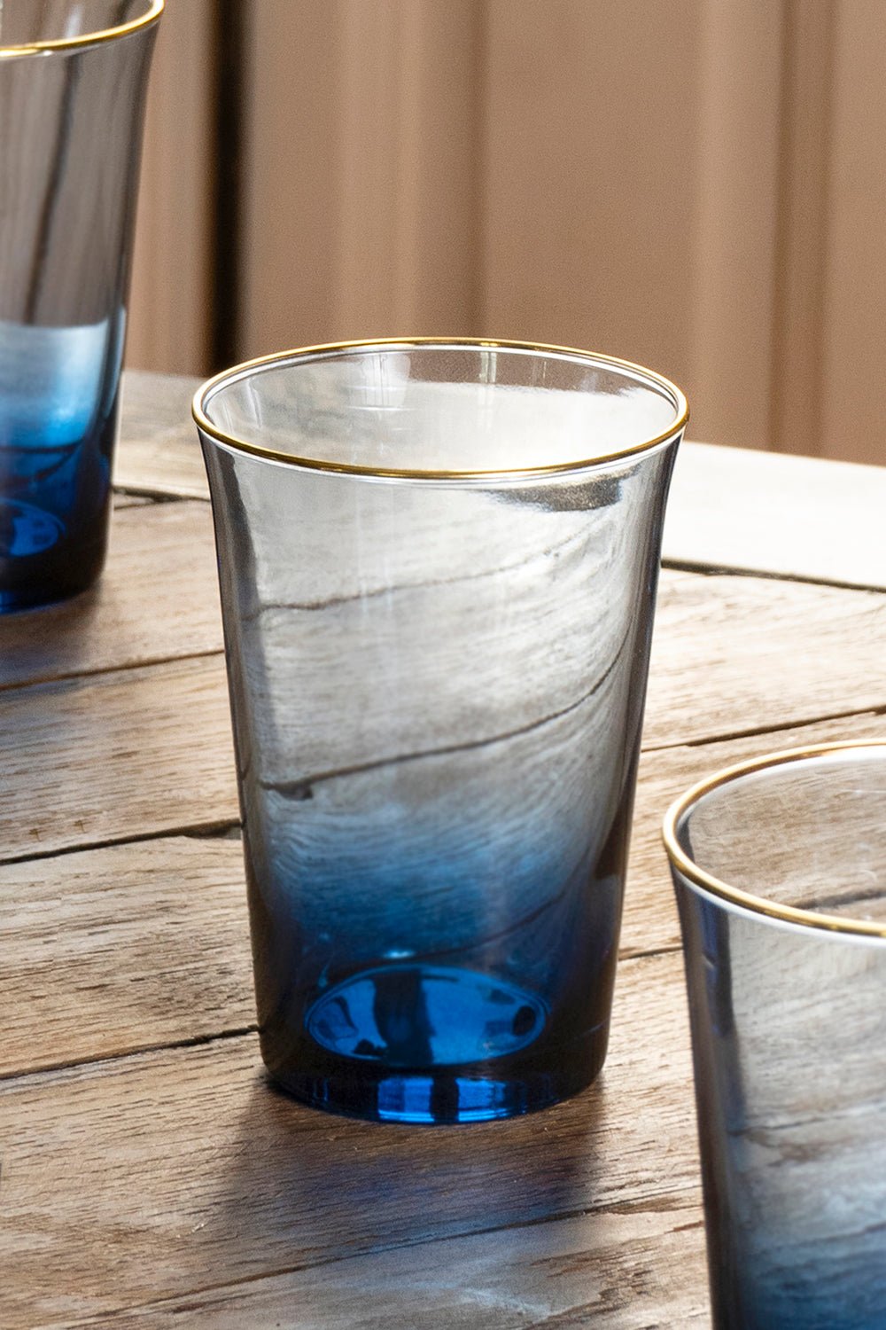 Set De 6 Vasos De Cristal Azul Con Filo Dorado - Cristina Oria