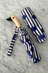 Paraguas Con Diseño De Rayas Negras & Puntos Azules Y Mango Con Cabeza De Pato - Cristina Oria